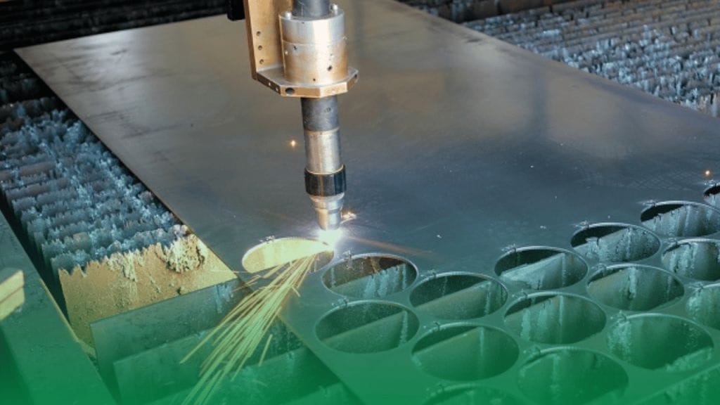 Plasma cutting equipment using a high-temperature arc to cut thick sheet metal with precision.