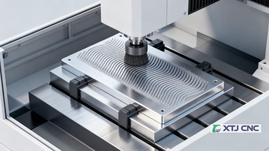 3D render of CNC brushing toolpath on aluminum plate