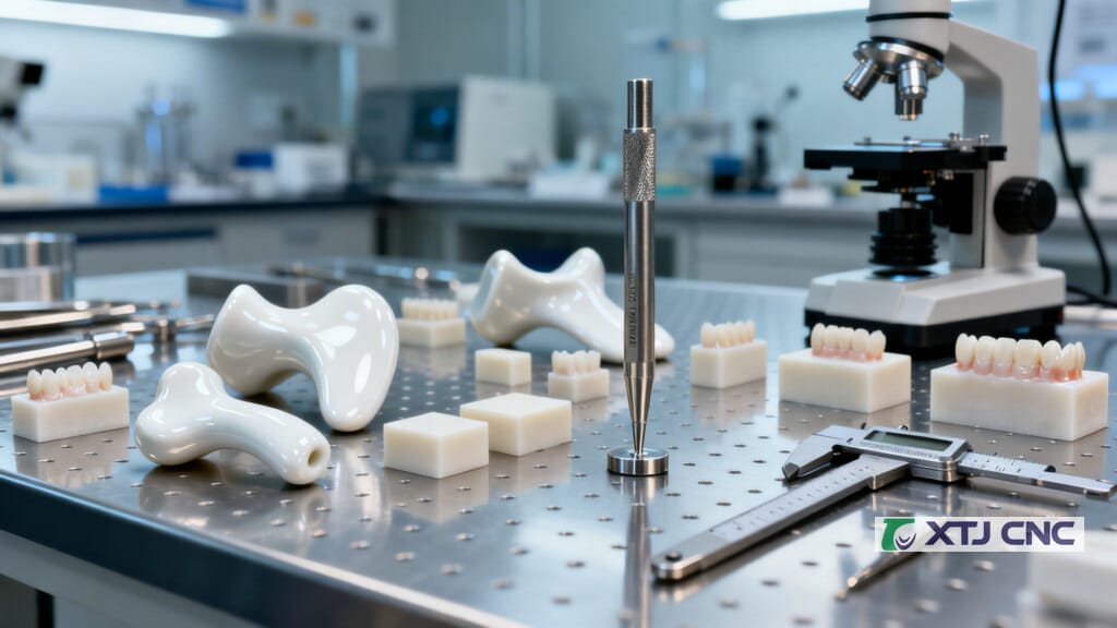 Bioceramic hip and dental components on inspection bench