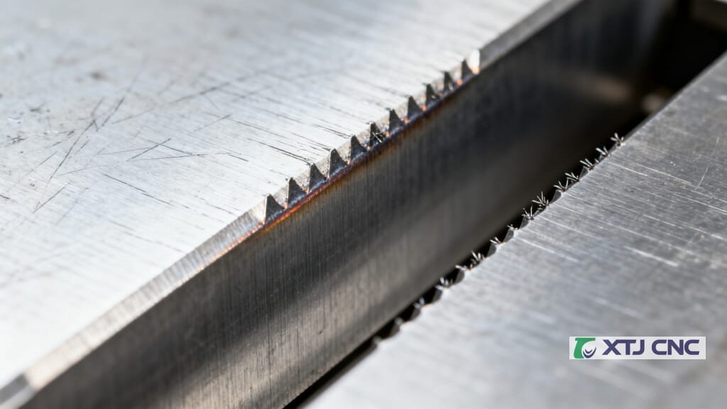 Close-up of tool marks and burrs inside a machined groove