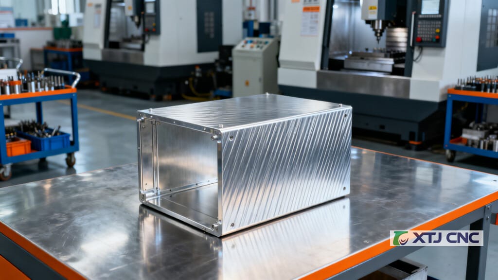 Machined aluminum part with visible brushed grain
