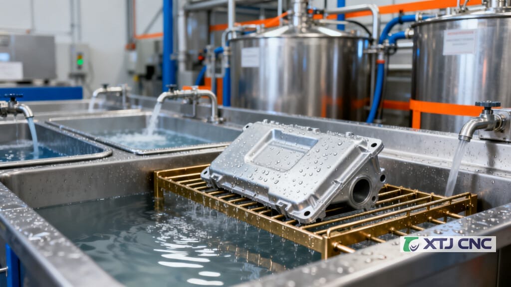 Pretreatment tanks and rinse stations with racked aluminum parts
